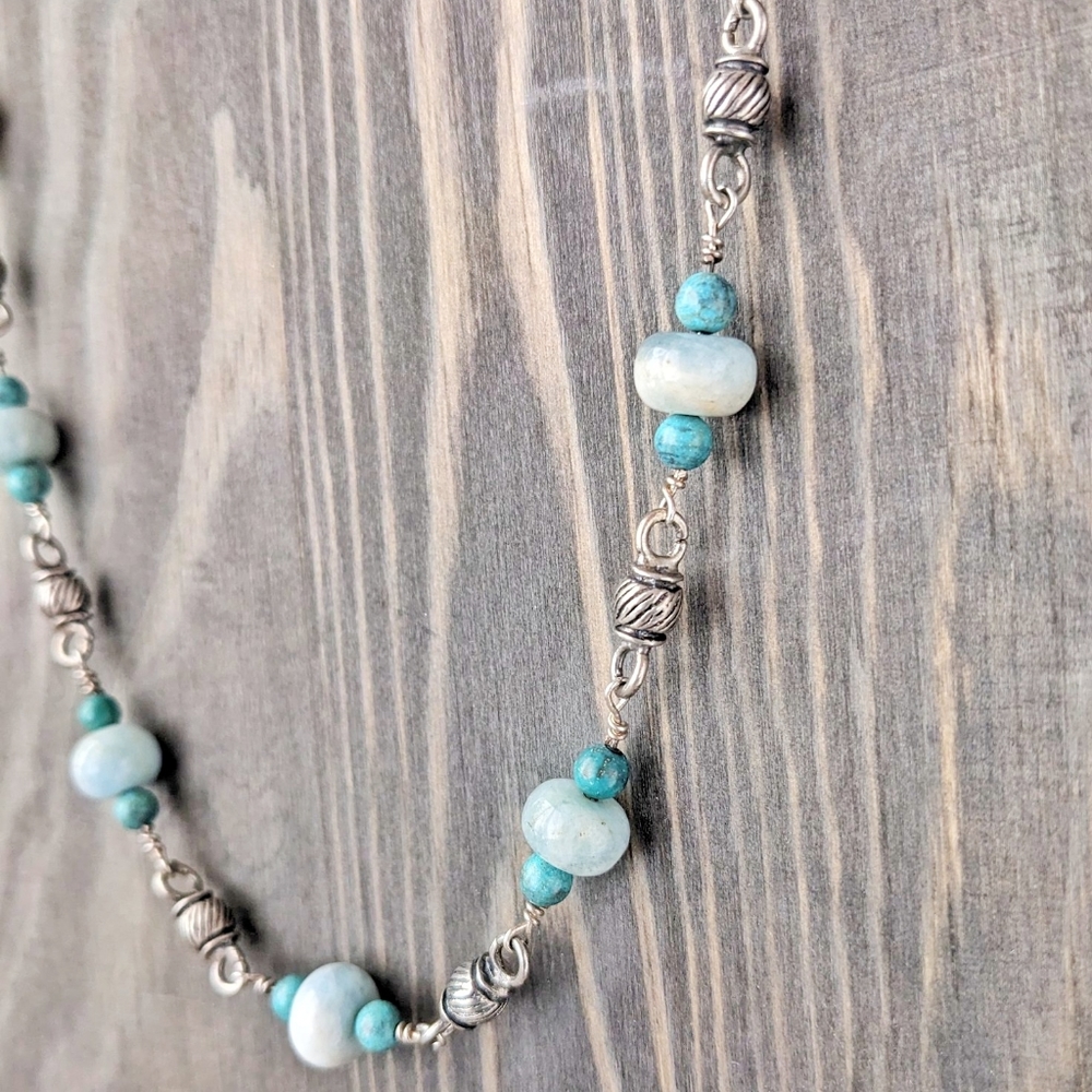 Sterling Silver, Aquamarine, and Turquoise Stone Beaded Necklace